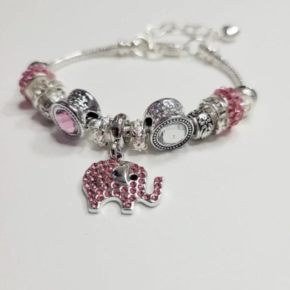NWT Pandora Style Charm Bracelet Sparkling Pink Elephant Glittering Rhinestones - Picture 2 of 7